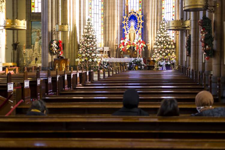 church sanctuary decorated for christmas
