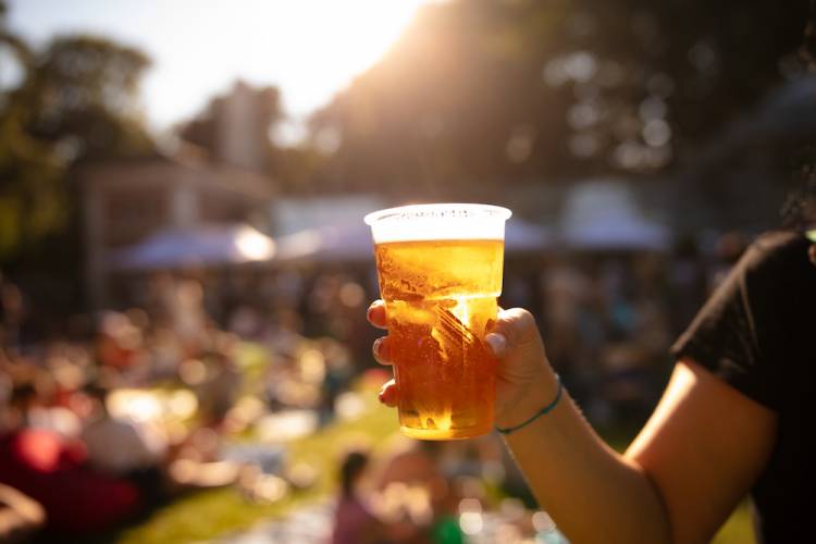 woman, out of frame, holding a cup of beer