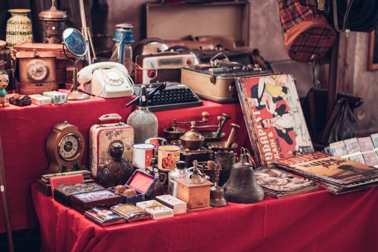 table of vintage and antique goods